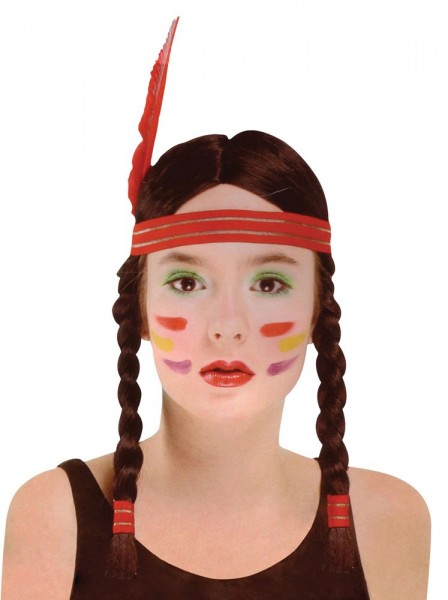 Perruque tresse femme indienne marron avec bandeau et plume