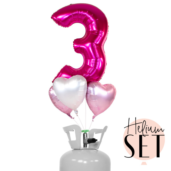 XXL Zahl 3 Pink Ballonbouquet-Set mit Heliumbehälter