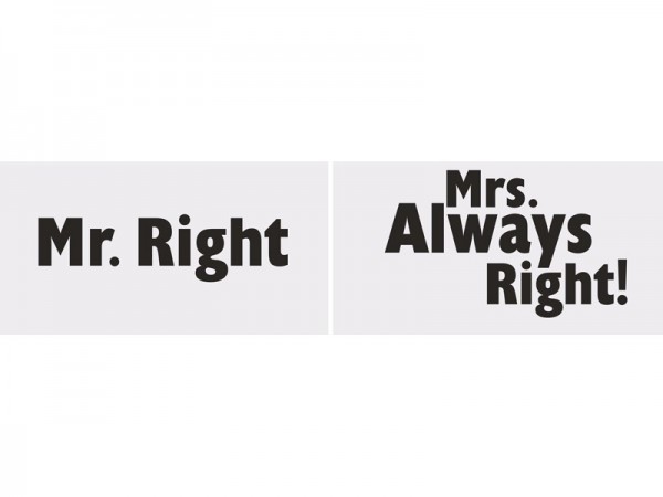 2 fotobox dekorativa skyltar Mr. Right/Mrs. Alltid rätt 30x15cm