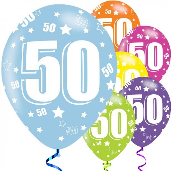6 latexballonger 50-årsdag 28cm färgglada