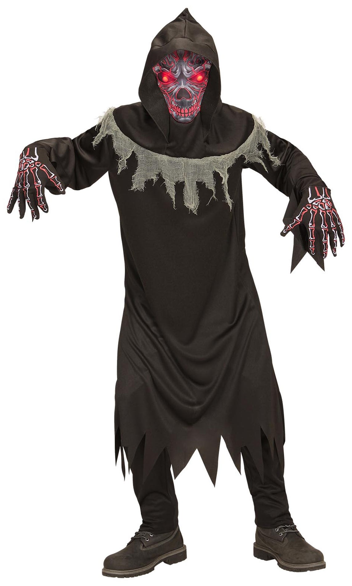 Kostüm Dämon SENSENMANN Skelett LEUCHTENDE AUGEN für Kinder Jugenliche Halloween