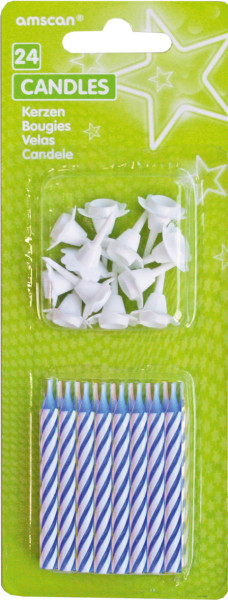 24 fødselsdagskage stearinlys blå med hvide striber inklusive 12 indehavere