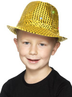 Sombrero de lentejuelas doradas con luces LED