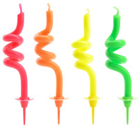 Oversigt: 4 farverige kagelys Neon Curly Swirl 8cm