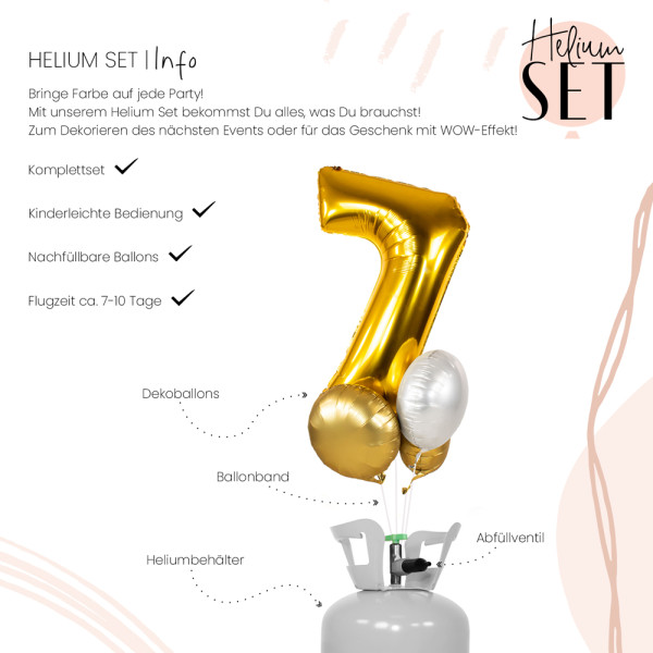 XXL Zahl 7 Gold Ballonbouquet-Set mit Heliumbehälter 3