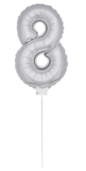 Folieballon nummer 8 zilver met staaf 36cm