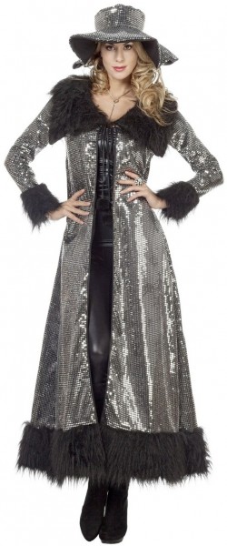 Ekstrawagancki, brokatowy płaszcz z cekinami w kolorze srebrno-czarnym