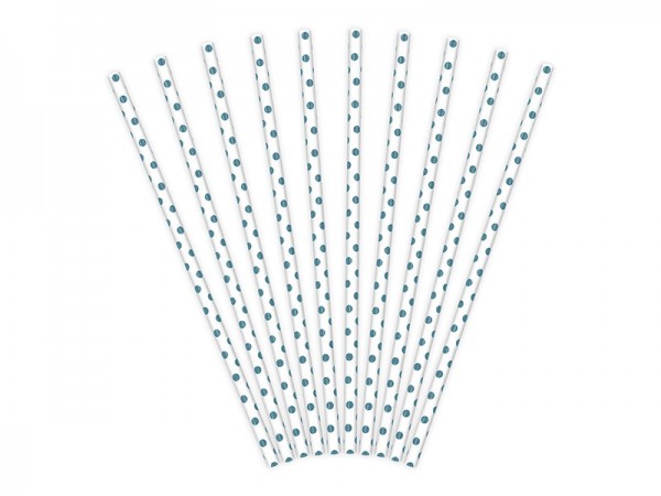 10 pailles en papier à pois turquoise blanc 19,5 cm