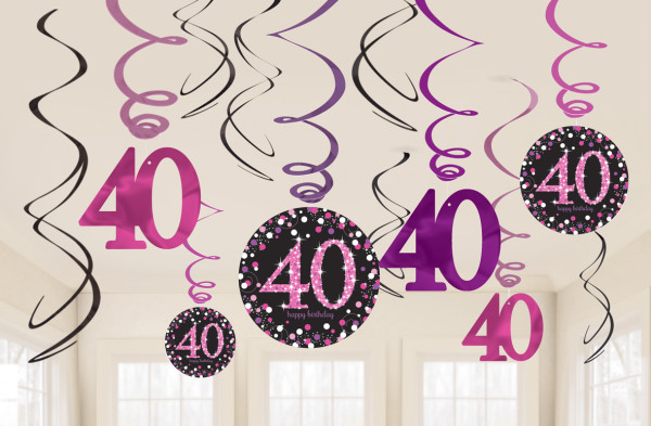 12 lyserøde 40-års fødselsdag spiralophæng 60 cm