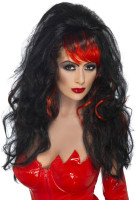 Voorvertoning: Halloween pruik lang haar wild zwart rood pony