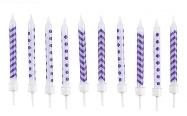 Cake candle white with purple pattern including holder 10 pieces