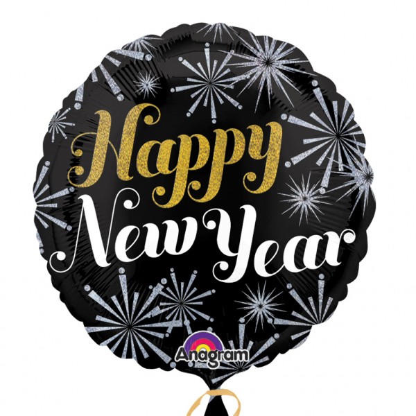 Happy New Year Foil Balloon Argento scintillante fuochi d'artificio