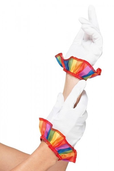 Weiße Clowns Handschuhe mit Regenbogen Saum