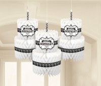 3 Black & White Birthday honeycomb balls 33cm