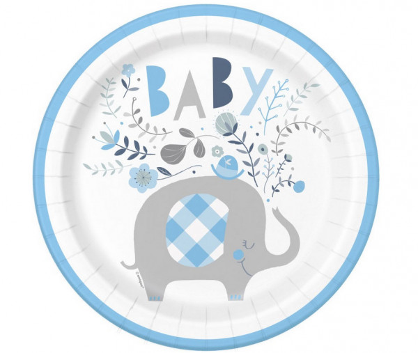 8 Olifanten Baby Party papieren bord azuurblauw 23cm