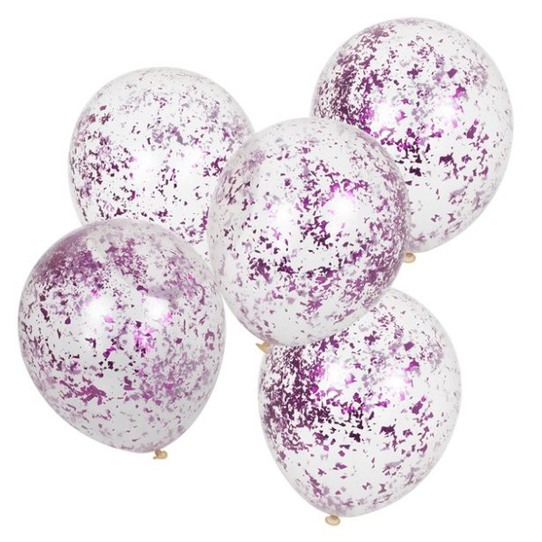 5 ballons en latex avec des confettis déchiquetés violets 30cm