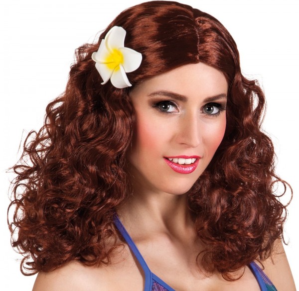 Brown curly wig with Hawaiian flower