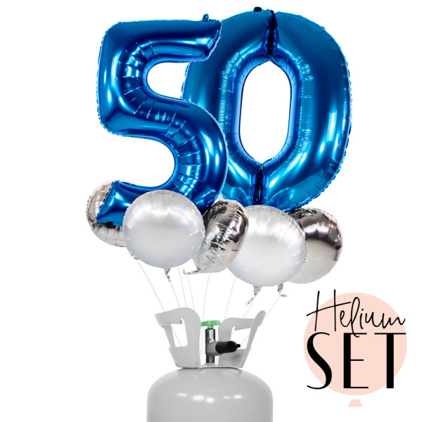 XXL Zahl 50 Blau Ballonbouquet-Set mit Heliumbehälter