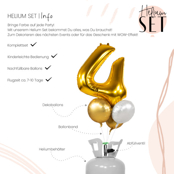 XXL Zahl 4 Gold Ballonbouquet-Set mit Heliumbehälter 3