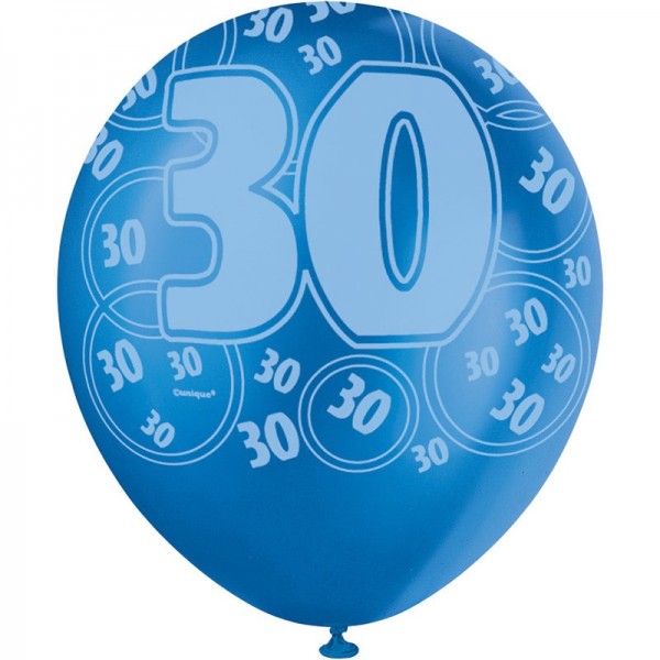Mix of 6 30th birthday balloons blue 30cm 3