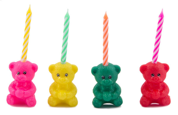 4 colorful bears with 8 candles
