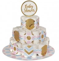 Widok: Zestaw do dekoracji tortu na pieluchy Baby Shower złoto-pastelowy