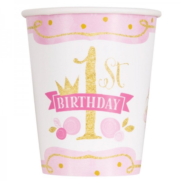 8 gobelets en papier princesse Alice 1er anniversaire rose 266 ml