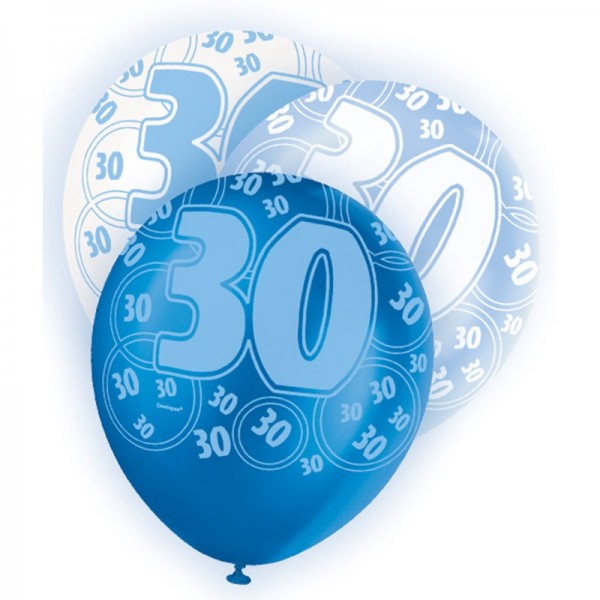 Mix of 6 30th birthday balloons blue 30cm