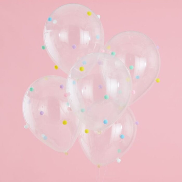 5 ballons pompon arc-en-ciel pastel 30cm