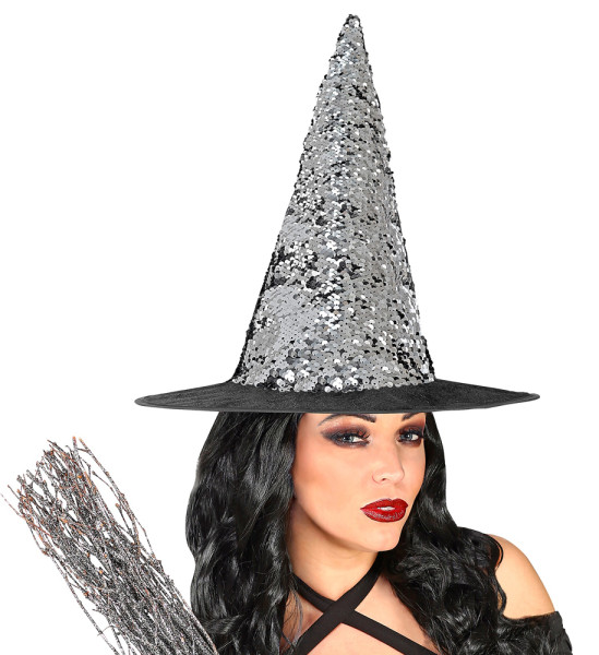 Dwustronny cekinowy kapelusz czarownicy w kolorze czarno-srebrnym