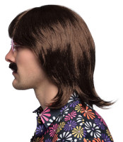 Vorschau: Braune Terry Hippie Perücke mit Schnurrbart
