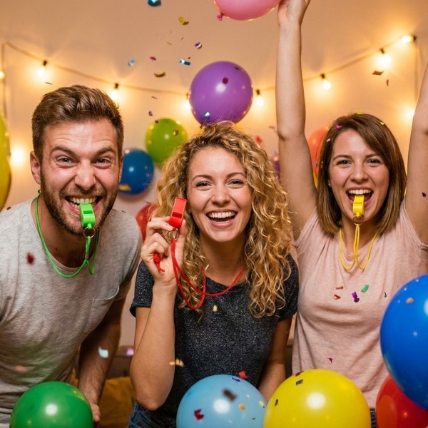 Trillerpfeife bunt mit Umhängeband, Kunststoff, Zufallsfarbe