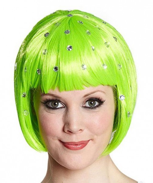 Wig bob neon green shiny with gemstones