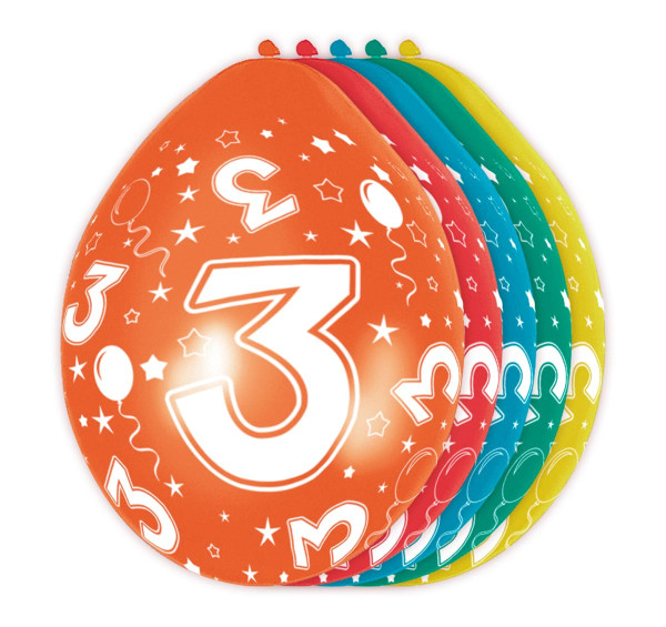 5 farverige latexballoner 3. fødselsdag