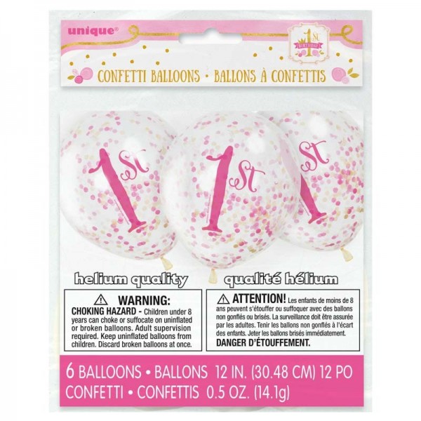 1e verjaardag Confetti ballonnen transparant roze