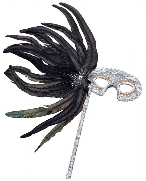 Sequin mask with rod & feather decoration