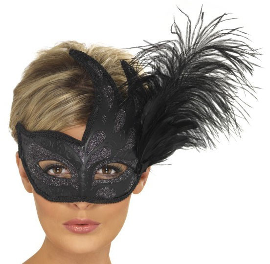Black glitter eye mask with feathers