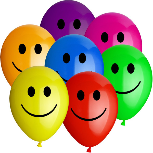 10 colorful smiley balloons