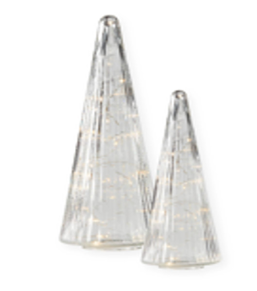 2 verlichte glazen kerstbomen