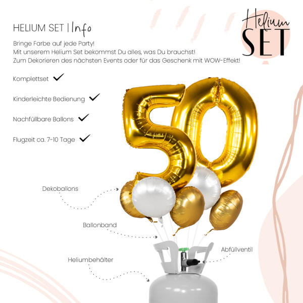 XXL Zahl 50 Gold Ballonbouquet-Set mit Heliumbehälter 3