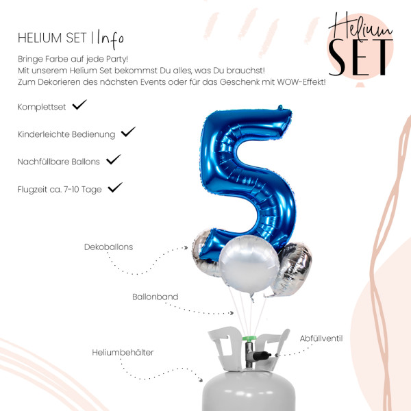 XXL Zahl 5 Blau Ballonbouquet-Set mit Heliumbehälter 3