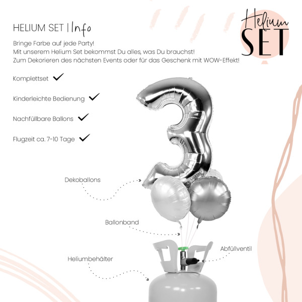 XXL Zahl 3 Silber Ballonbouquet-Set mit Heliumbehälter 3