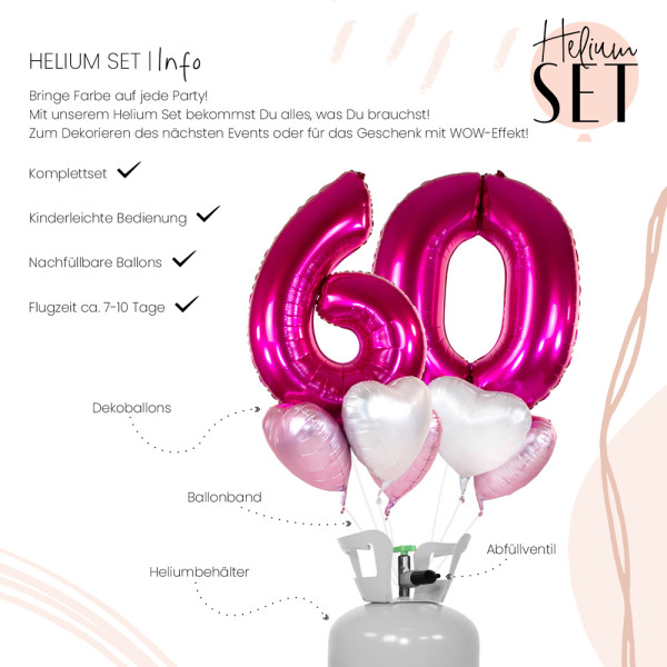 XXL Zahl 60 Pink Ballonbouquet-Set mit Heliumbehälter 3