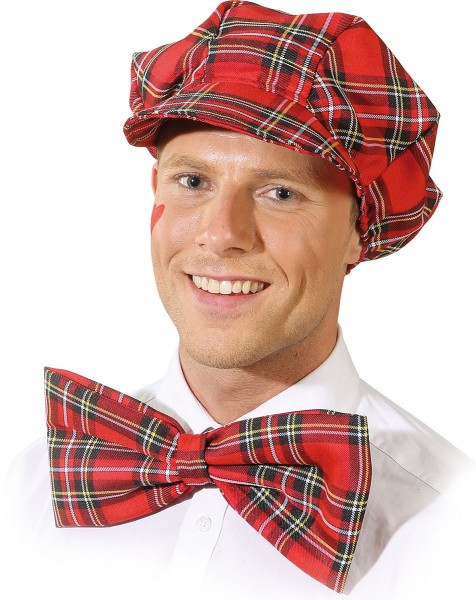 Scottish hat with red checkered bow tie