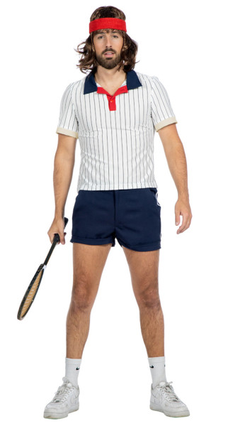 Biało-niebieski kostium tenisisty z lat 80
