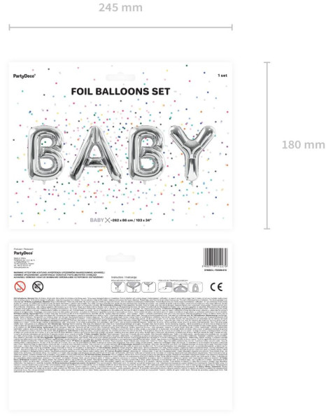 Set de ballons en aluminium lettrage bébé argent 2,6 m