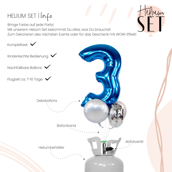 XXL Zahl 3 Blau Ballonbouquet-Set mit Heliumbehälter 3