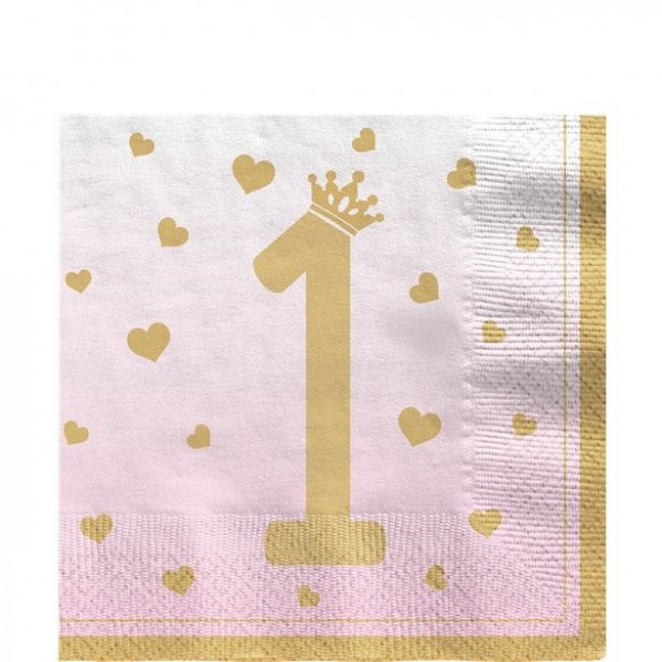 16 serviettes Royal First Birthday double épaisseur rose