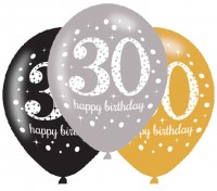 6 golden 30th birthday balloons 27.5cm