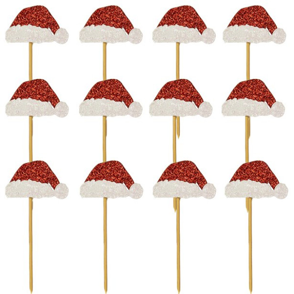12 szaszłyków z brokatowymi czapkami bożonarodzeniowymi